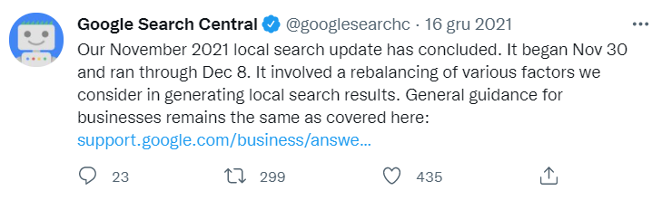 aktualizacja lokalnych wyników wyszukiwania